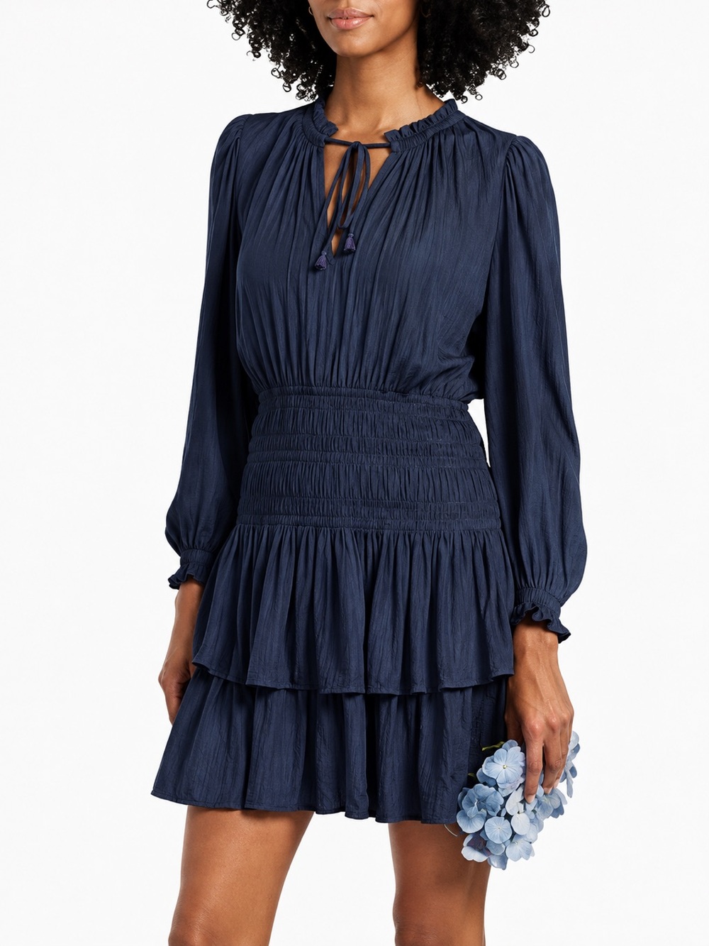 Maje Navy Long-Sleeve Tiered Smocked Waist Dress with Ruffles